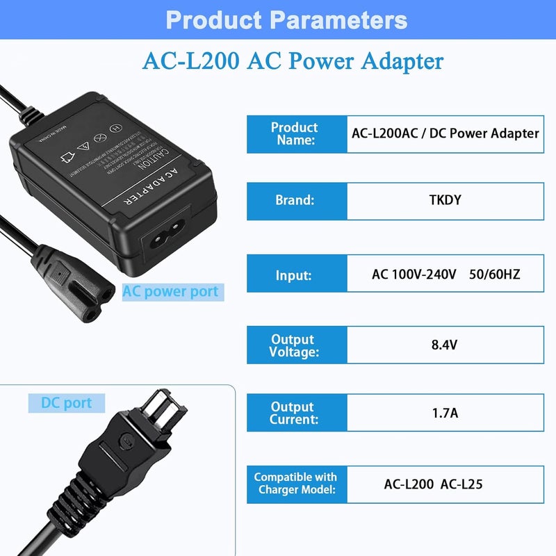 TKDY AC-L200 Charger for Sony Handycam, Replacement for AC-L200 L25 Power Adapter, Compatible with DCR-DVD DCR-HC DCR-SR DCR-SX HDR-CX HDR-PJ HDR-SR NEX-VG Series etc, 100-240V Travel Friendly. - Image 3